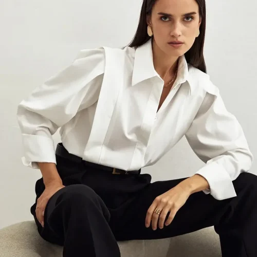 Blouse Femme Anatomie Manches Longues Noire – Stretch, Col Classique, Taille XL
