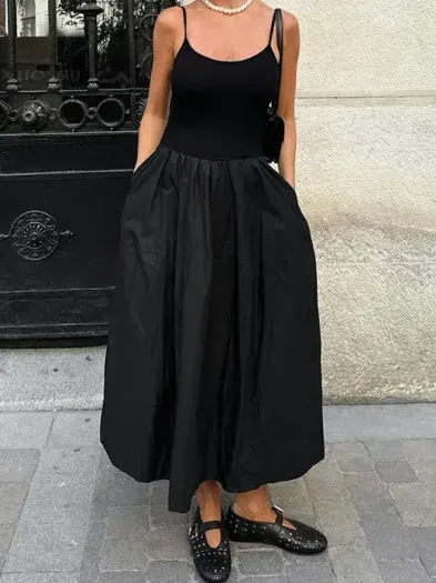 Black Maxi Dress Spaghetti Strap | A-Line Fit & Flare Dress Wholesale OEM