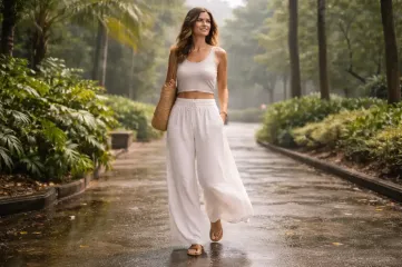 Pantaloni Donna In Lino E Cotone A Gamba Larga - Vita Alta, Neri, Taglia S, Con Tasche Laterali