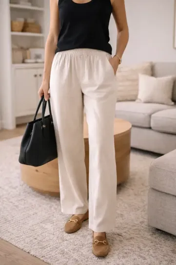 Pantaloni Donna In Lino E Cotone A Gamba Larga - Vita Alta, Neri, Taglia S, Con Tasche Laterali