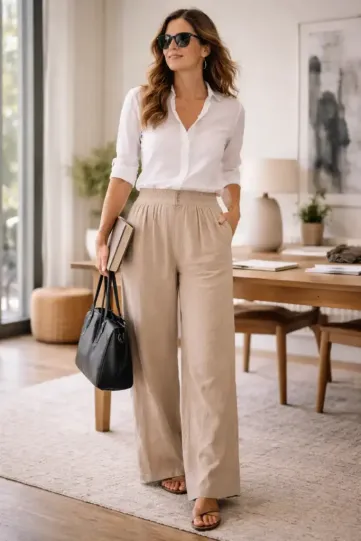 Pantaloni casual da donna in cotone e lino, pantaloni estivi a gamba larga, a vita alta, traspiranti, pantaloni casual in cotone con tasca laterale, Rosso, M