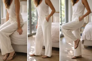 Pantaloni Donna In Lino E Cotone A Gamba Larga - Vita Alta, Neri, Taglia S, Con Tasche Laterali