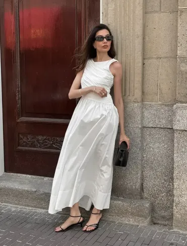 French Style White Cotton Maxi Dress Sleeveless Elegant Summer Dress