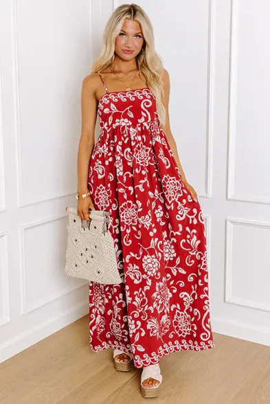 Women's Red Floral Empire‑Waist Maxi Dress with Spaghetti Straps