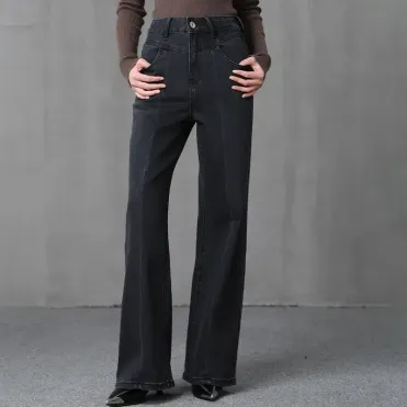 レディース ブラック ワイドレッグ ジーンズ | ハイウエスト コットン