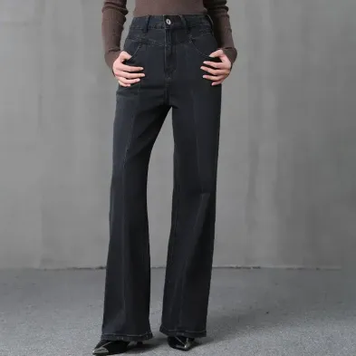 レディース ブラック ワイドレッグ ジーンズ | ハイウエスト コットン