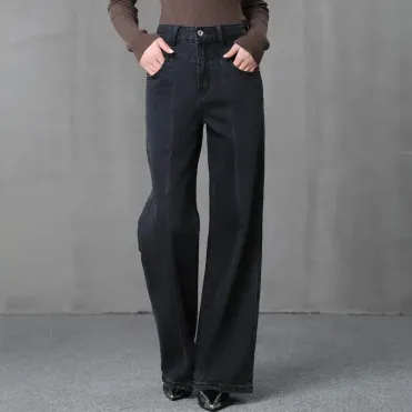 レディース ブラック ワイドレッグ ジーンズ | ハイウエスト コットン