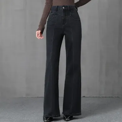 レディース ブラック ワイドレッグ ジーンズ | ハイウエスト コットン