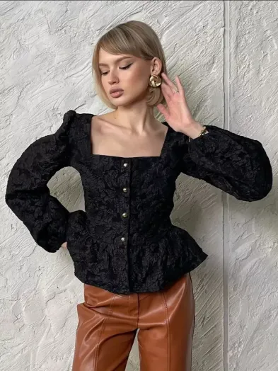 Women's Jacquard Puff Sleeve Blouse | Square Neck Peplum Top Wholesale