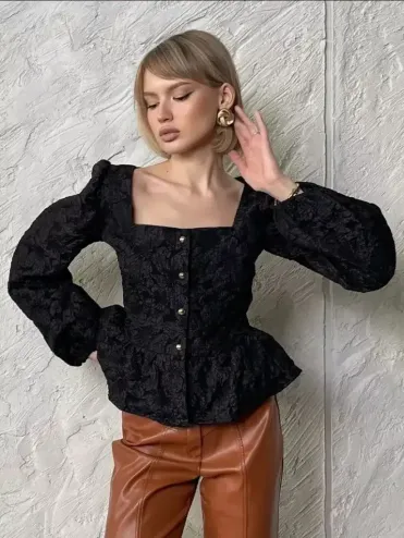 Women's Jacquard Puff Sleeve Blouse | Square Neck Peplum Top Wholesale