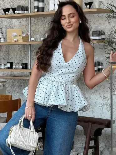 レディース ドット柄ペプラムトップス | ホルターネック Vネック