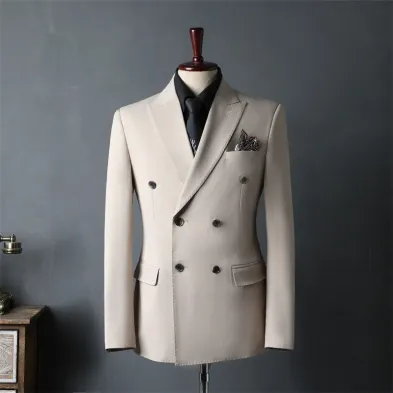 Men's Beige Double Breasted Suit Set | Slim Fit Stretch Peak Lapel