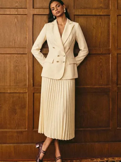 レディース ベージュ ダブルブレスト ブレザー & プリーツ ミディ